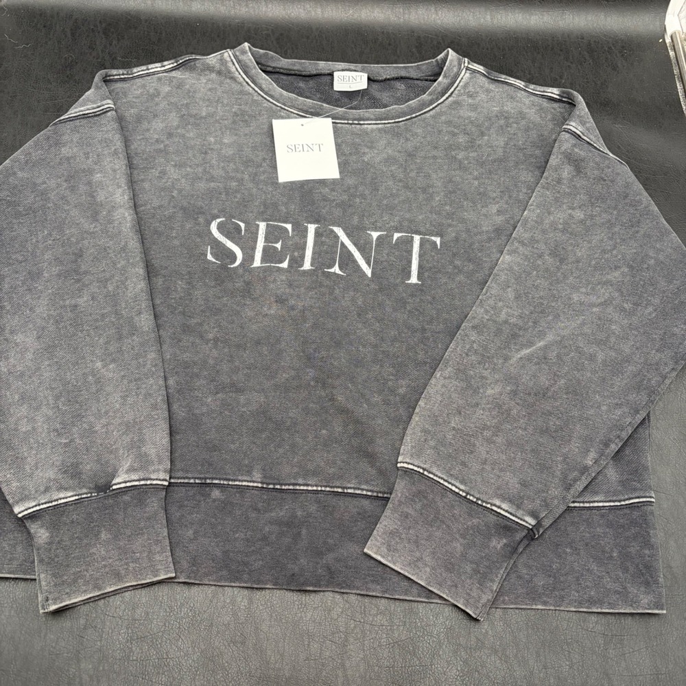 Seint Womens Large Charcoal Gray Mineral Wash Logo Crewneck Sweatshirt Cotton